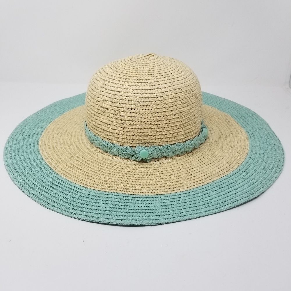 The Girlfriend Hat Wide Brim Hat Stripe Braided Hat Band Baby Blue Natural Paper - Picture 4 of 10